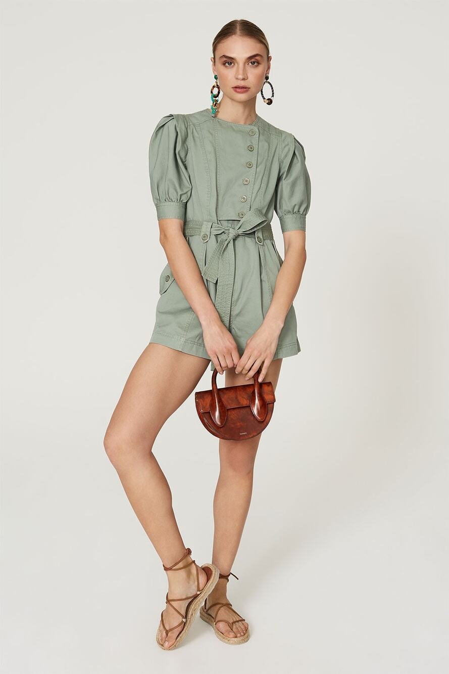 ULLA JOHNSON Sage Green 100% Cotton Short Sleeve Puffed Tied Carmine Romper sz 2